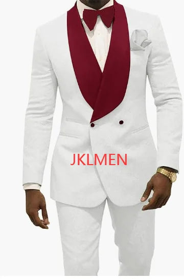 Custom Pour Hommes Made Groomsmen White Pattern Groom Tuxedos Shawl Lapel Suits 2PCS Wedding ( Jacket+Pants )Costume Homme