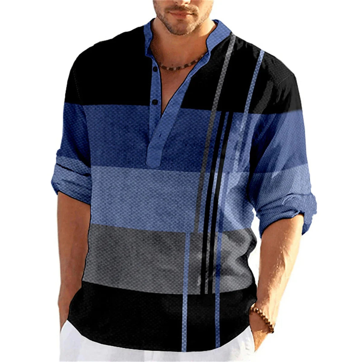 Tiki Spring Autumn Men's Shirt Button Stand Collar Print Gradual Change Business Slim Casual Long Sleeved Shirt Flash Sales