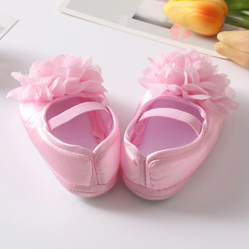 Infant Baby Girls Shoes with Headband Soft Sole Non-slip Flower Princess Wedding Dress Walking Shoes