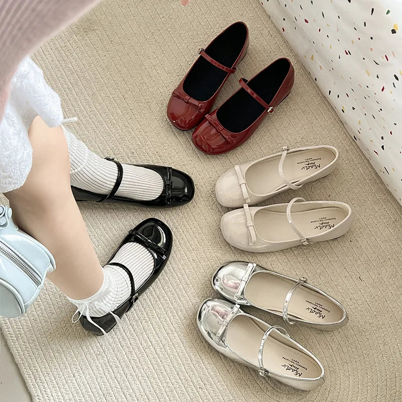 Spring Autumn Wine Red Mary Jane Shoes For Women Low Heel Fashion Butterfly-knot Roud Toe Female Eelgant Dress Leather Shoes