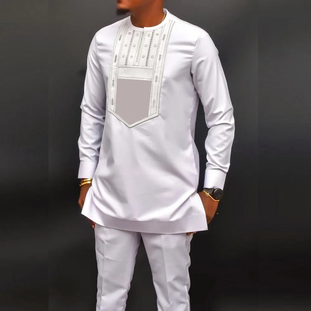 Kaunda Men's Suits Kaftan Outfits Round Neck Striped Print Long-sleeved African Ethnic Style Men's Sets Traditional Clothing