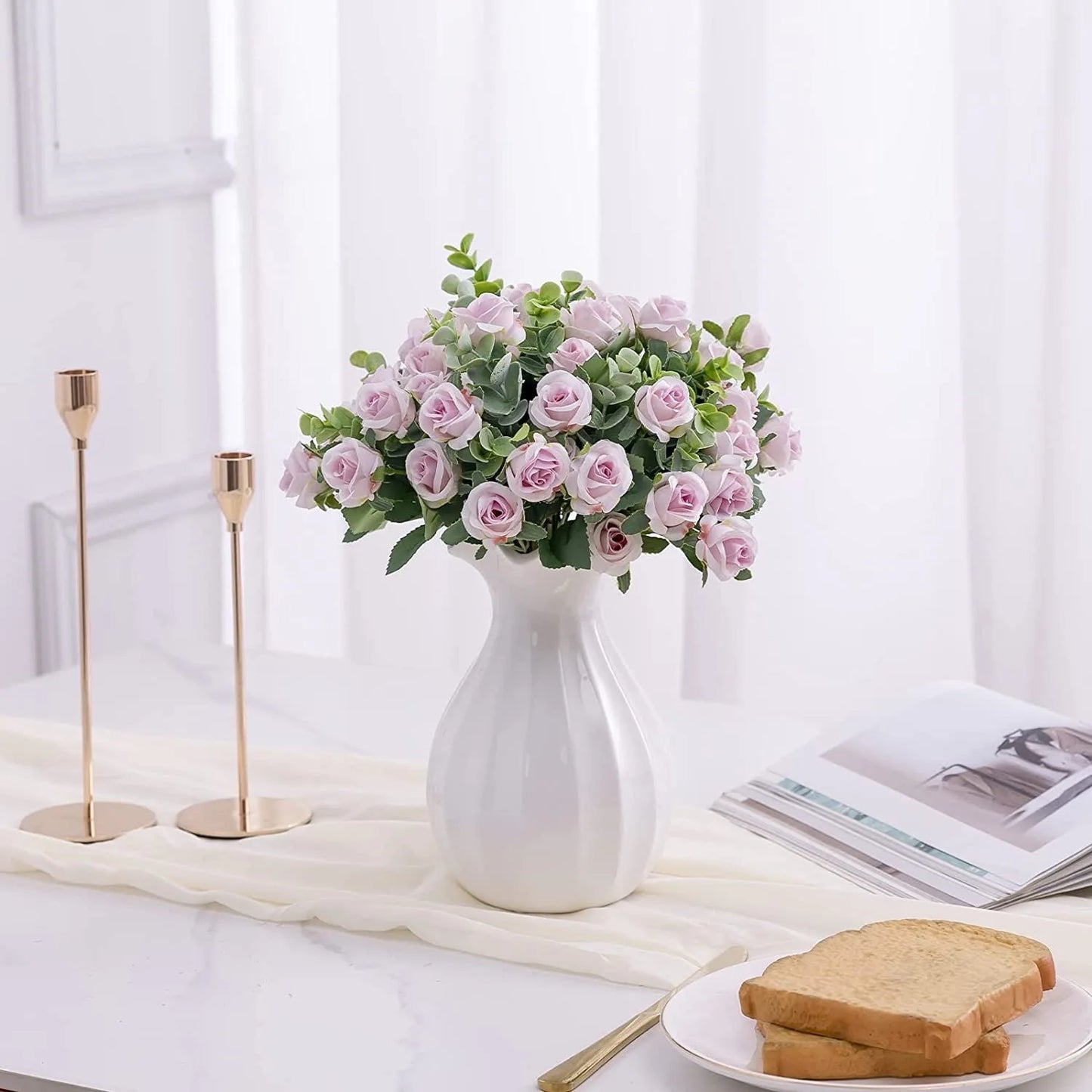 10 Heads Artificial Flower Silk Rose white Eucalyptus leaves Peony Bouquet Fake Flower for Wedding Table Party Vase Home Decor