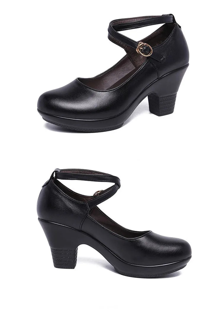 7cm Small Size 32-43 Gladiator Pumps Women Genuine Leather Shoes 2024 Med Block Heels Platform Shoes for Office Model Dance Mom