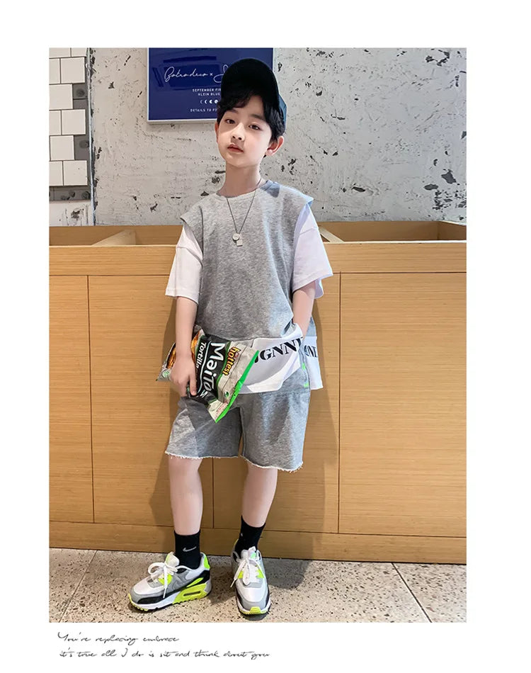 Summer Children Boy Clothes Set Kid Faux Two-piece Letterr Printed Tshirts and Shorts 2 Pieces Suit Teenage Top Bottom Outfits