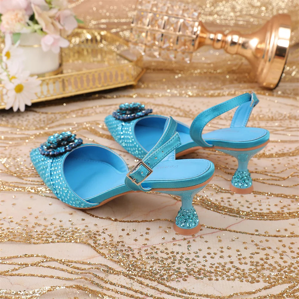 Luxury Elegant High Heels Royal Blue Color Diamond Embellished Pointed Toe Women's Shoes for Wedding Party Casual 2025 Style