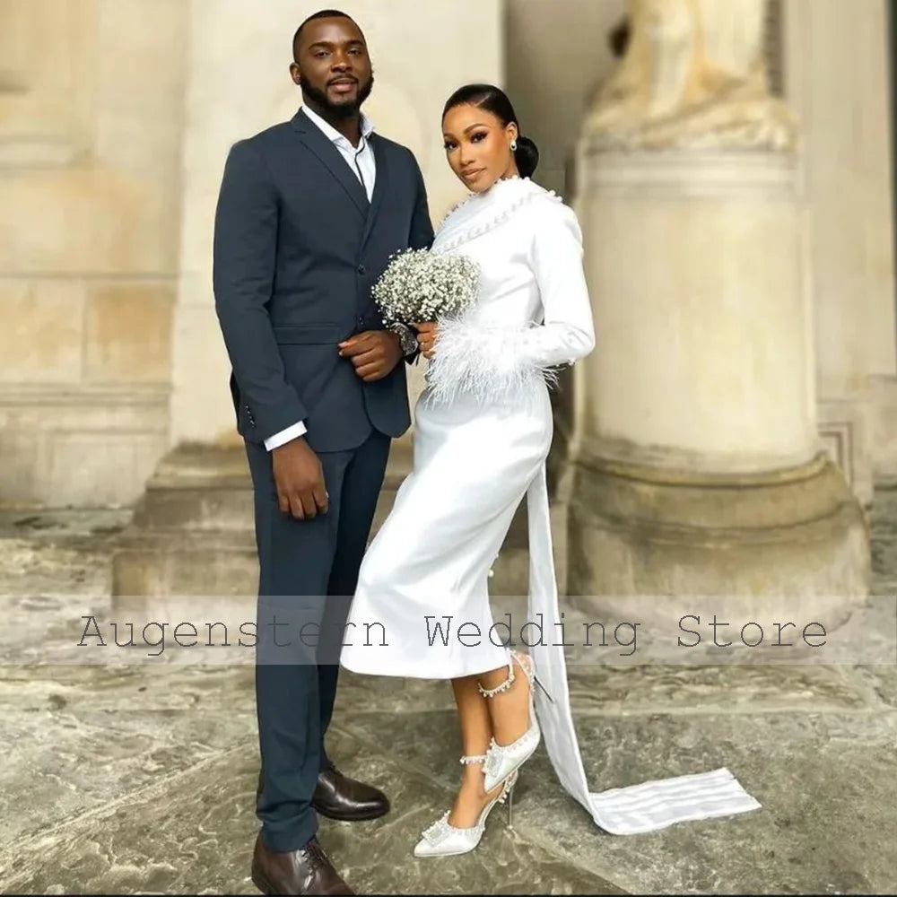Civil Wedding Dress for Women One Shoulder Feather Long Sleeve Court Gowns Midi Sheath Pearl Applique Bridal Short
