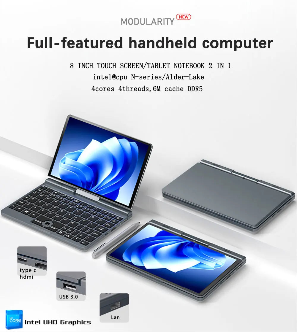 Mini Laptop 8 inch HD Touch Screen Mini Computer Windows 11 Pro Intel N100 4 Cores 2-in-1 Pocket PC 12GB LPDDR5 RAM 1TB M.2 SSD