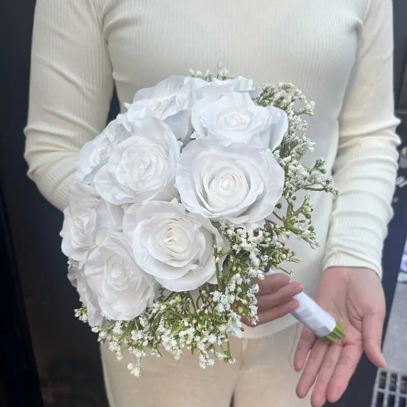 Wedding Flowers Bridal Bouquet Bridesmaids Silk Roses Fake Babys Breath Bride Wedding Accessories Table Centerpiece Decoration