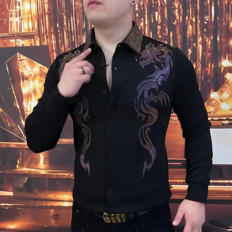 Quality Black Rhinestones Animal Shirt Camiseta Masculina Autumn Shirts For Men Social Club Outfits Hot Diamond Print Shirt Men
