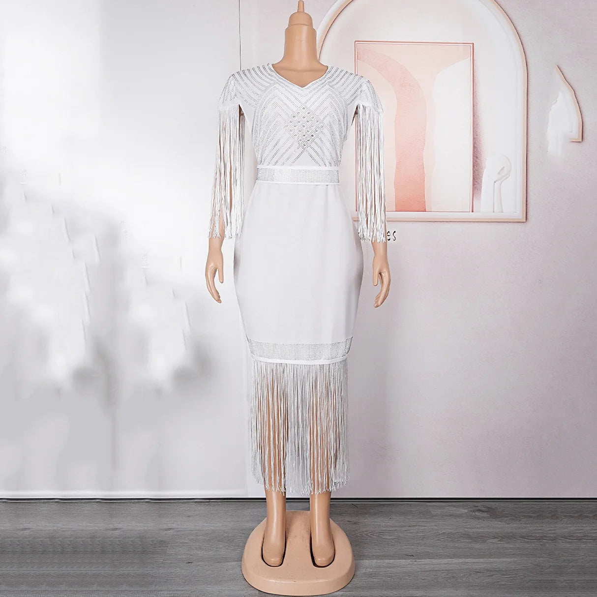 Elegant African Dresses New Trends Luxury Diamond Tassel V Neck Sheath Mid Calf Modest Female Business Work Wear Gowns Clothes