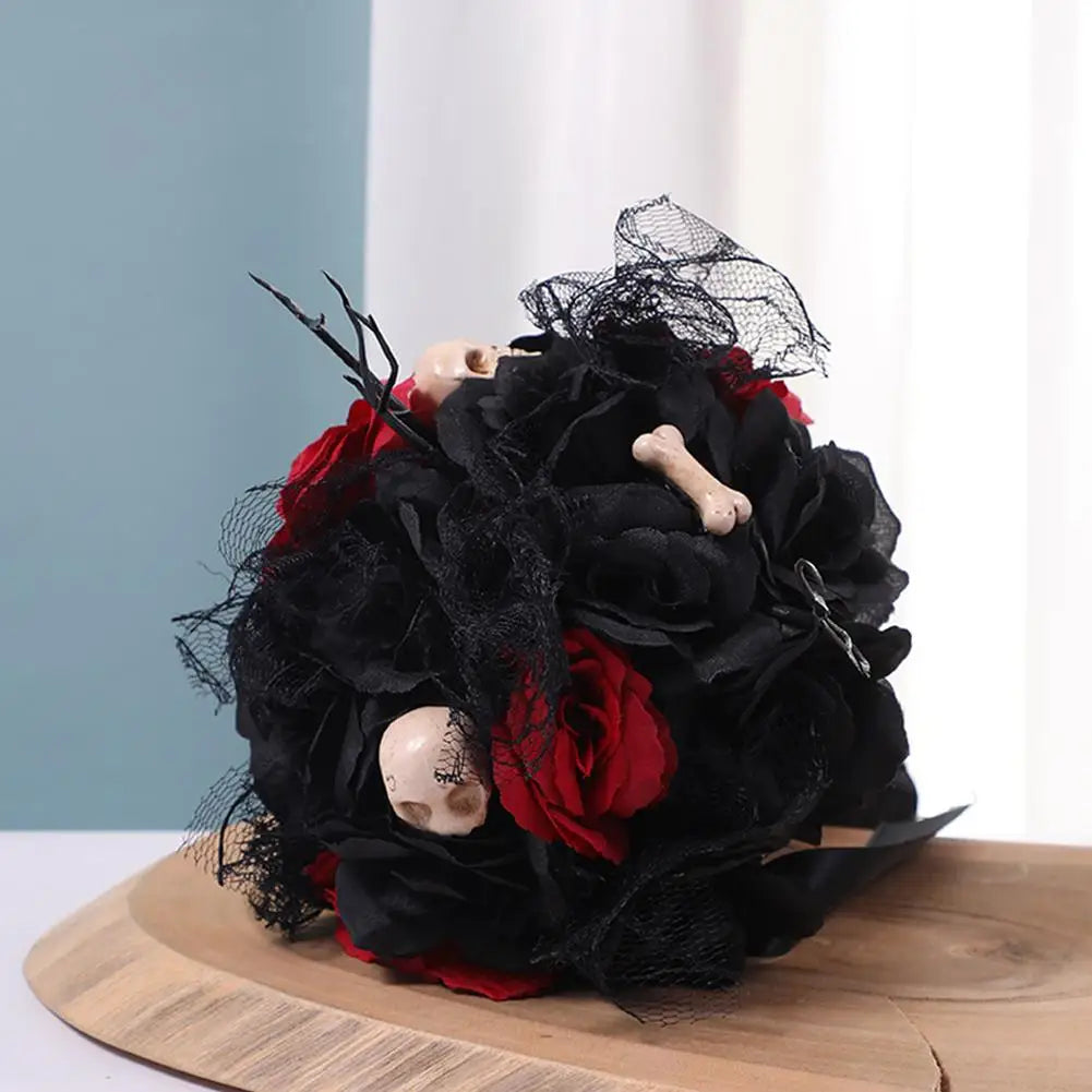 Yannew Black Burgundy Gothic Bridal Bouquets for Bride Bridesmaids Artifiicial Silk Foam Roses Flower Wedding Bouquet Halloween