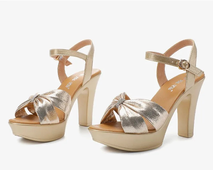 Plus Size 32-43 Elegant Silver Red Wedding Shoes Women Platform Sandals Summer 2025 Block High Heels Leather Sandals Model