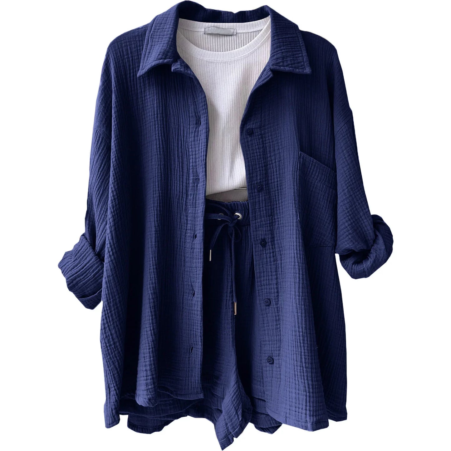 Short Sets Women Tracksuit Single Breasted Cardigan Blouses Two Pieces Shorts Loose Button High Street Solid Pockets Folds