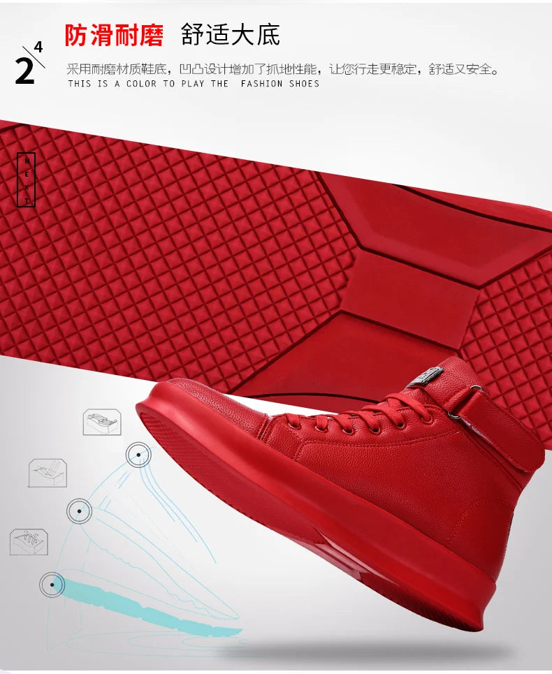 Fashion Luxury Men's Red High Top Sneakers PU Leather Casual Sneakers Men Flat Designer Shoes Breathable Hip Hop Sport Shoes Man