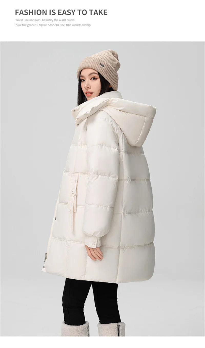 2024 New Winter Women Jacket Mid Long Hooded Parka Cotton Padded Jacket Female Parkas Loose Casual Warm Outwear Snow Wear Coats