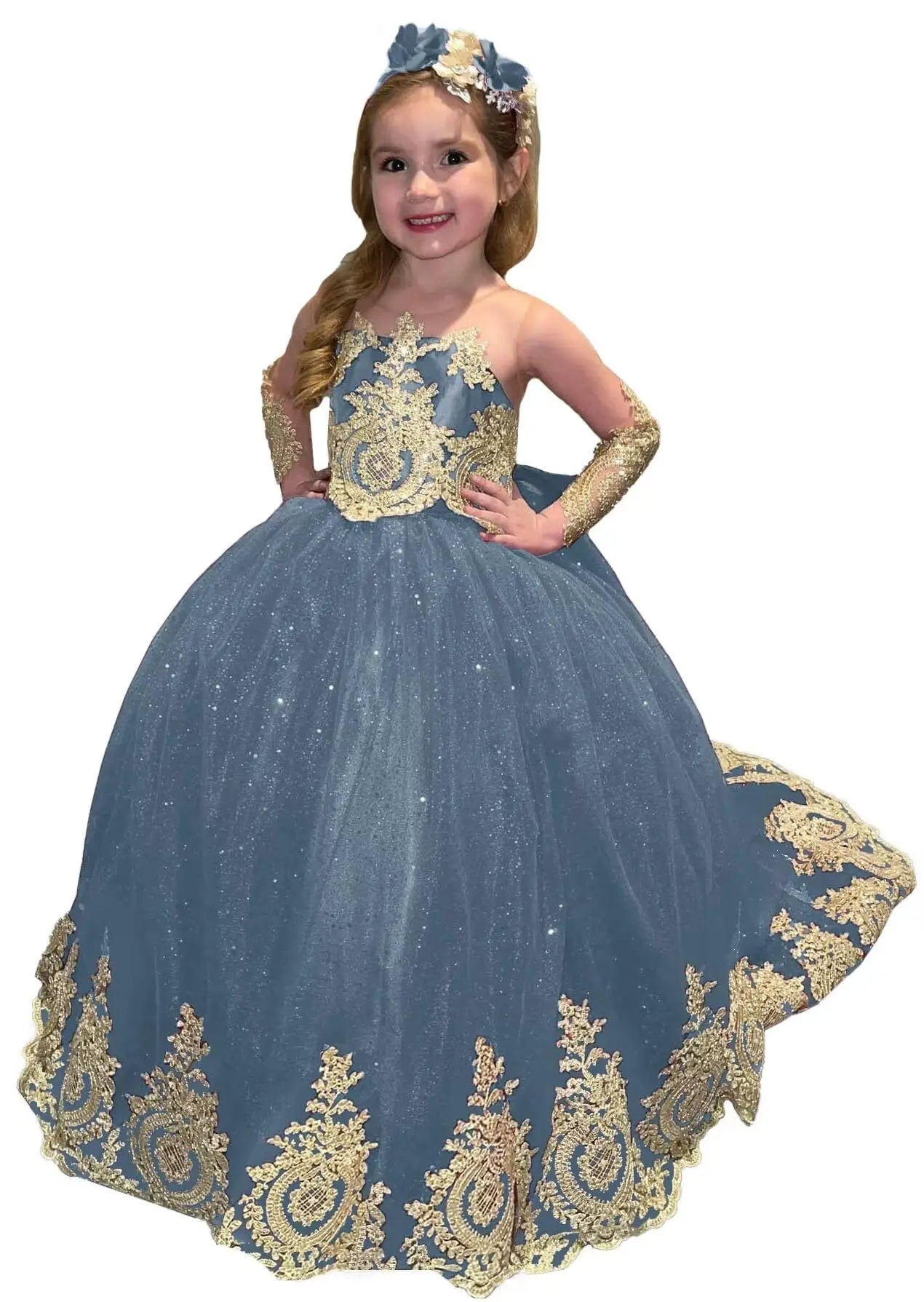 Glitter Puffy Princess Flower Girl Dresses Gold Appliques Bow Tulle Long Pageant Wedding Party Mini Quinceanera Dress Ball Gowns