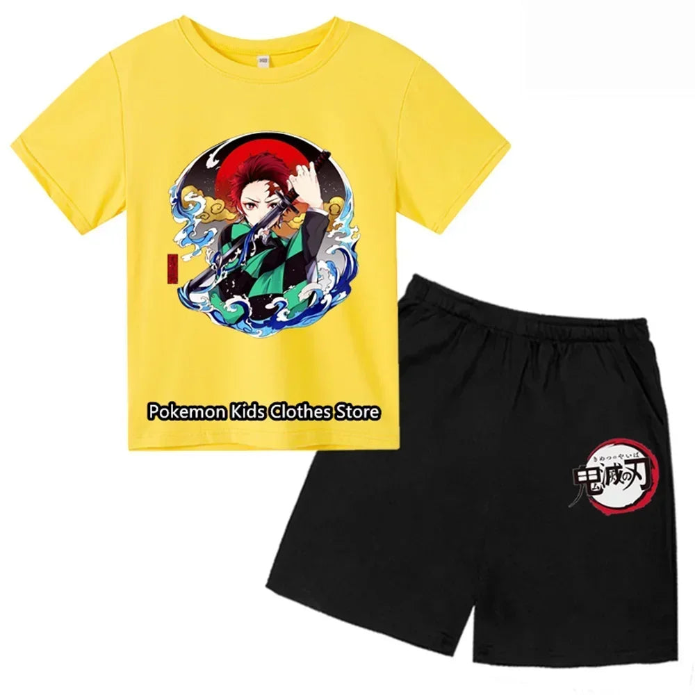 Boys Girls Clothes Set Summer Cartoon Demon Slayer T shirt+Short Pants 2pcs Children Clothing Teen 1 2 3 4-14 Year Kids Suit