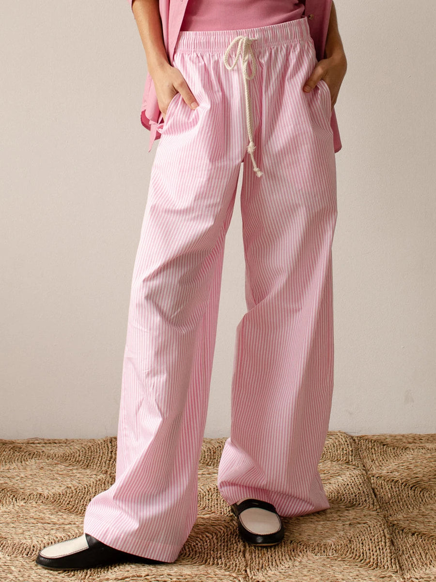 Combhasaki Women Y2K Aesthetic Wide-Leg Pants Stripe Drawstring High Elastic Waist Trousers Spring Fall Retro Sweatpants Bottoms