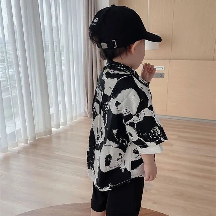 Summer fashion boys short sleeve shirt cartoon printed children turn-down collar shirt baby boy cotton Tops beach clothing
