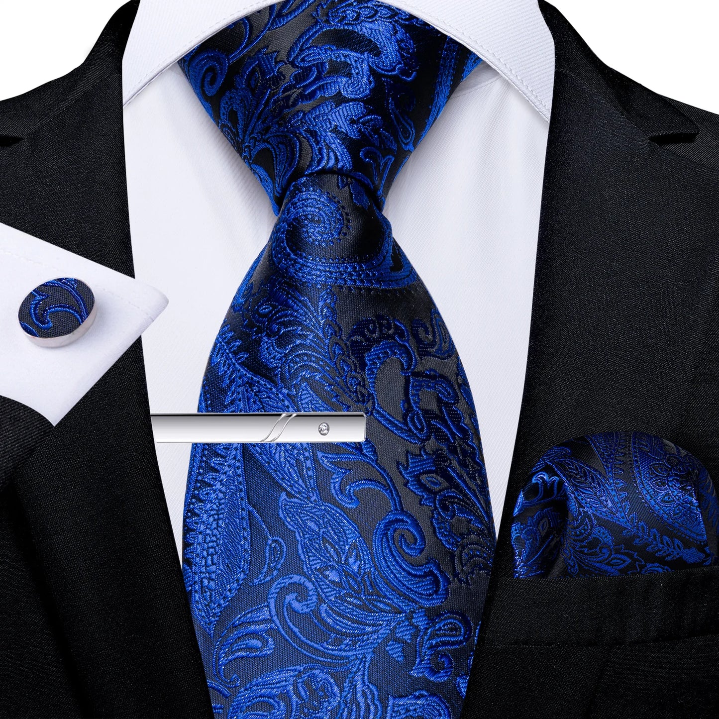 Men's Tie Set with Clip Luxury Retro Red Blue Floral 8cm Necktie Handkerchief Cufflinks Wedding Party Business Accessories Gift