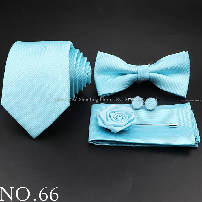Hot Sale Red Blue Tie Set Polyester Slim Striped Necktie Bowtie Cufflink Brooch For Groom Suit Wedding Cravat Shirt Accessory