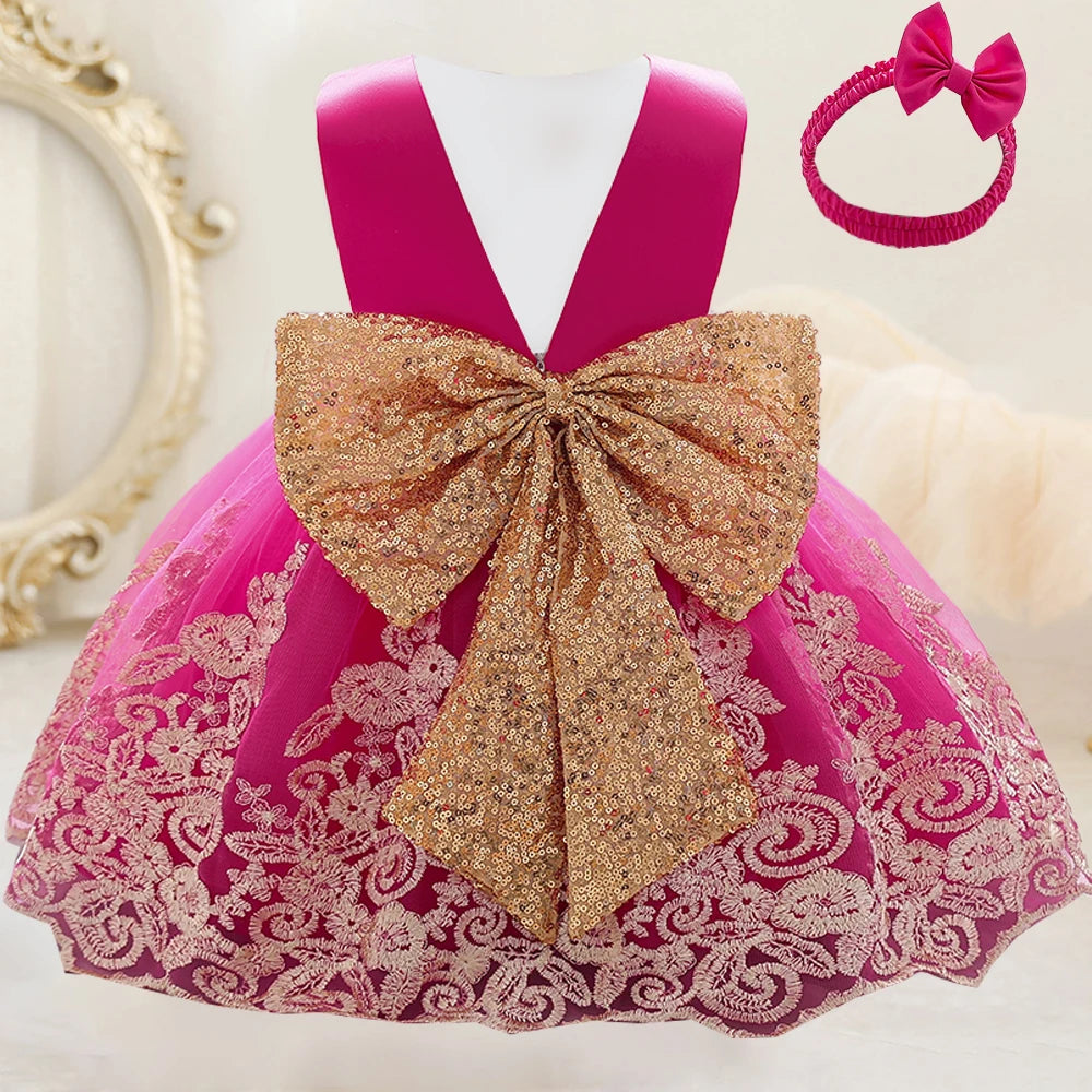 Gold Bow Flower Baby Dress for Girls Christmas Costumes 1st Birthday Party Princess Dresses Wedding Formal Evening Kids Clothing