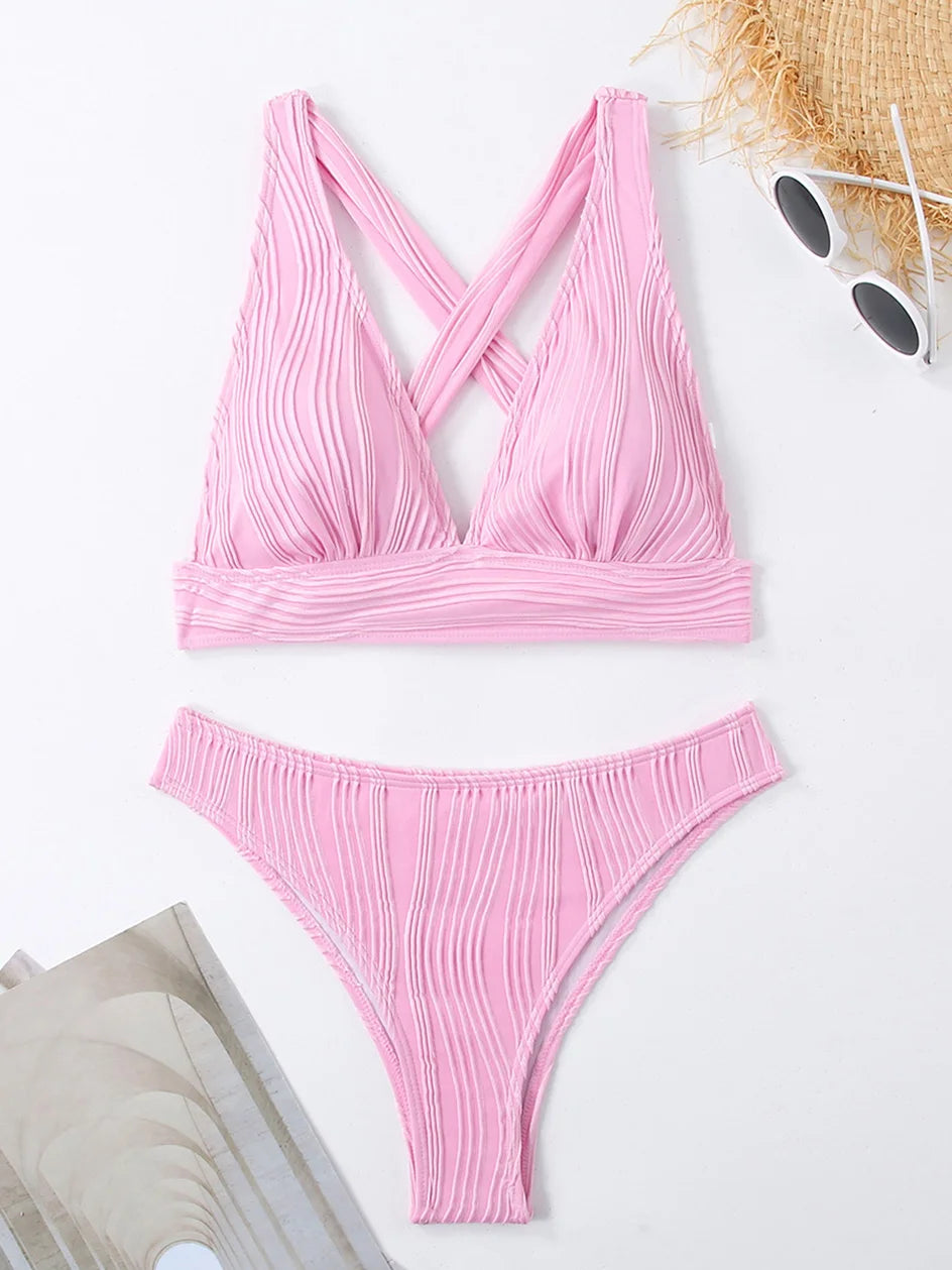 Sexy Criss Cross Tie Back Bikini Women's Swimsuit 2024 Swimwear Trend Bathing Suits Hight Waist Bikinis Sets Push Up Beach Wear