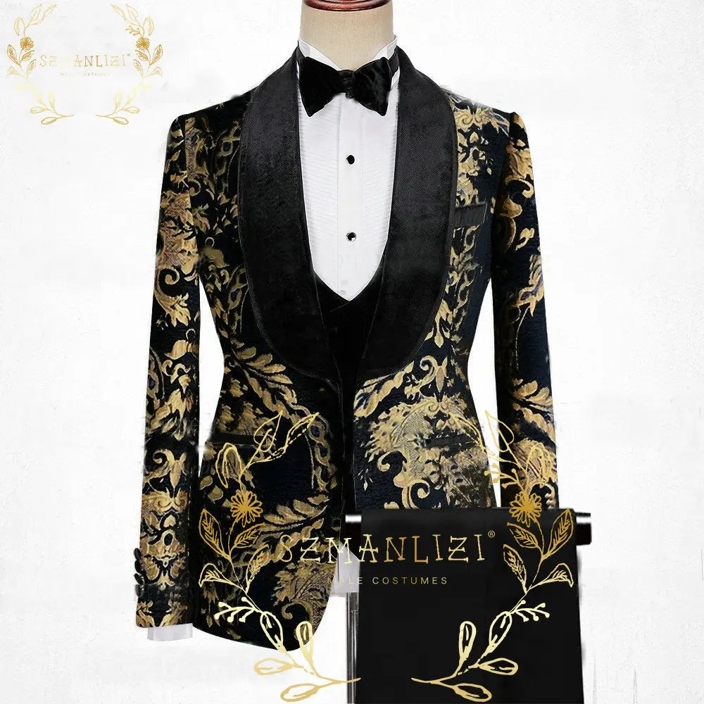 Latest Design Black White Dots Mens Suits For Wedding Shawl Lapel Groom Tuxedos Slim Fit Terno Masculino Prom Party 3 Pieces Set