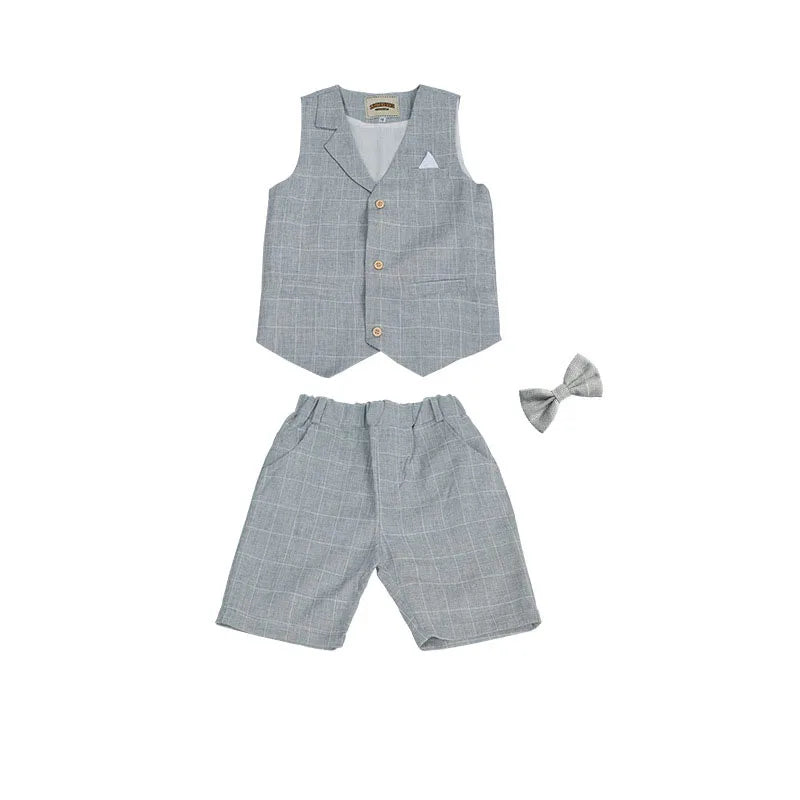 Boys Summer Vest Dress 3Pieces/Set Vest Shorts Bowtie Photograph Suit School Performance Clothing Set Children Wedding Custome