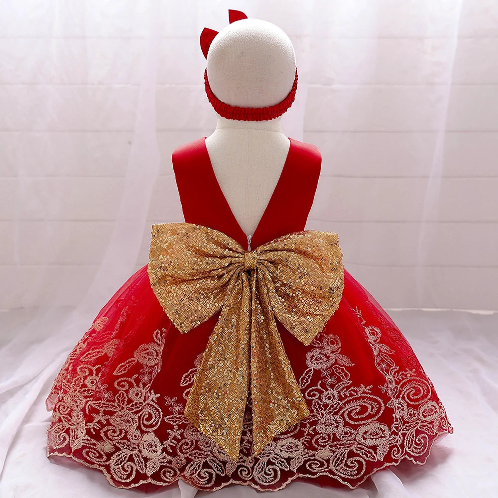 Gold Bow Flower Baby Dress for Girls Christmas Costumes 1st Birthday Party Princess Dresses Wedding Formal Evening Kids Clothing
