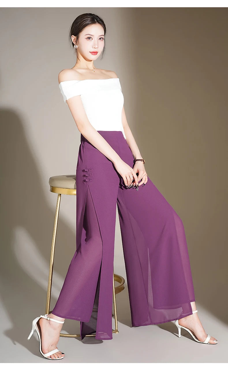 ZUZK Slit Chiffon Long Pants Summer Comfortable Elastic Waist Slim Double Layer Chiffon Pants Chic Droop Chinese Style Pants