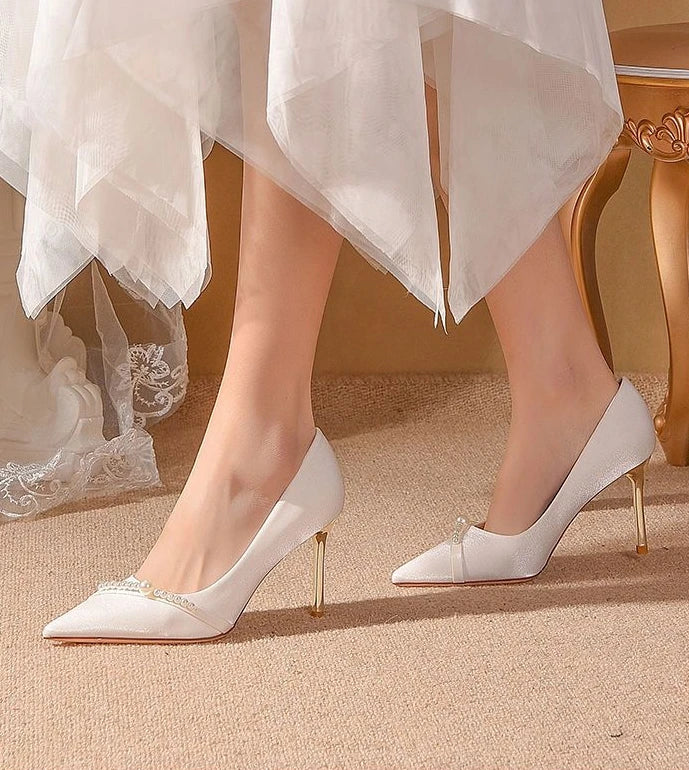 Women's Summer Footwear Bride Pumps Shoes for Woman 2024 Wedding Shoe on Heeled Pointed Toe Pearl Stilito High Heels Popular 39