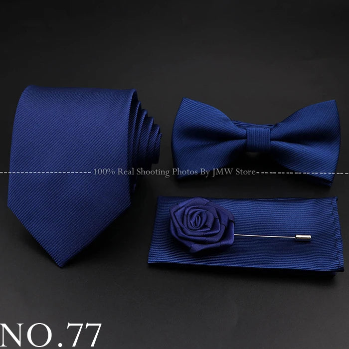 Hot Sale Red Blue Tie Set Polyester Slim Striped Necktie Bowtie Cufflink Brooch For Groom Suit Wedding Cravat Shirt Accessory