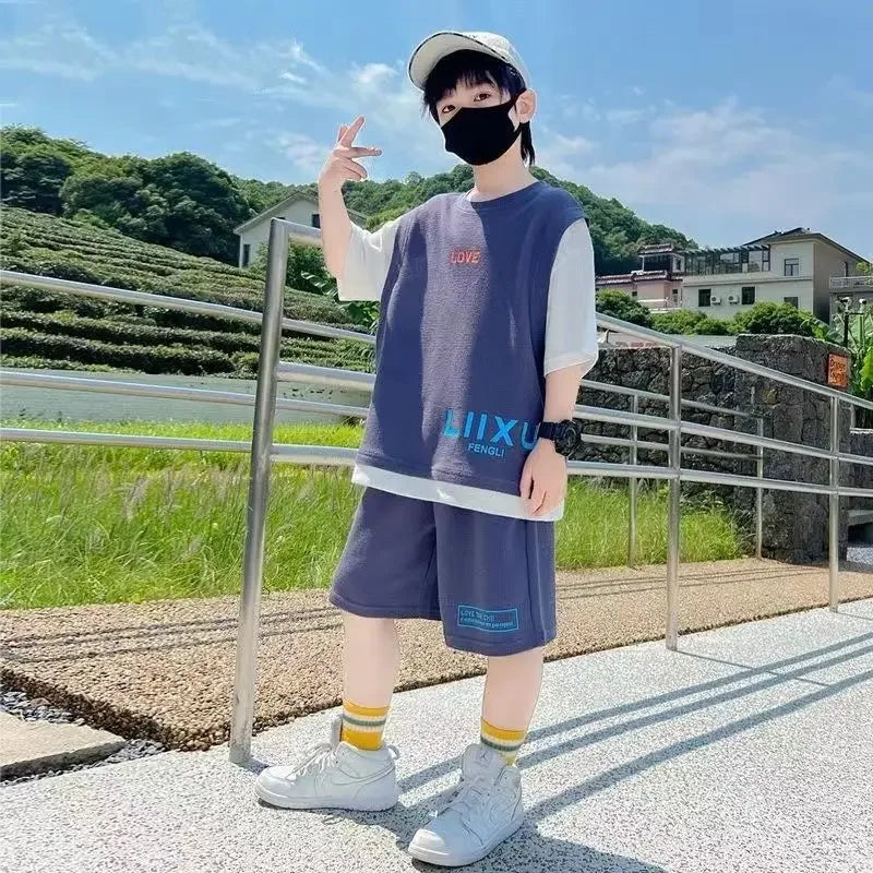 Junior Boys Summer Suit Children's Fashion Patchwork Short Sleeve Shorts Sports Suit Clothing 3-14Y Trend