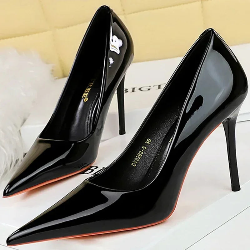 Women 7cm High Heels Career Temperament Work Pumps Lady Stiletto Heels Glossy Leather Fetish Royal Blue Nude Party Concise Shoes