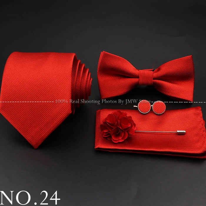Hot Sale Red Blue Tie Set Polyester Slim Striped Necktie Bowtie Cufflink Brooch For Groom Suit Wedding Cravat Shirt Accessory
