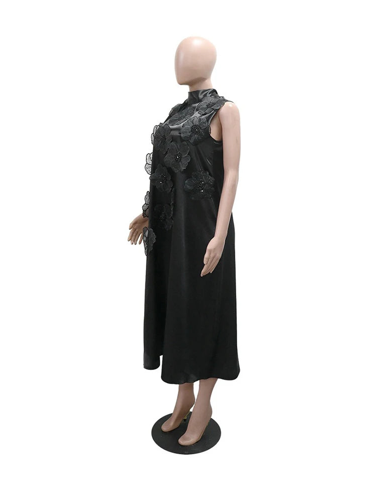 Woman African Traditional Dresses Summer Elegant Sleeveless Dress Stretchy Fake Silk Midi Dresses Luxury Wholesale Dropshipping