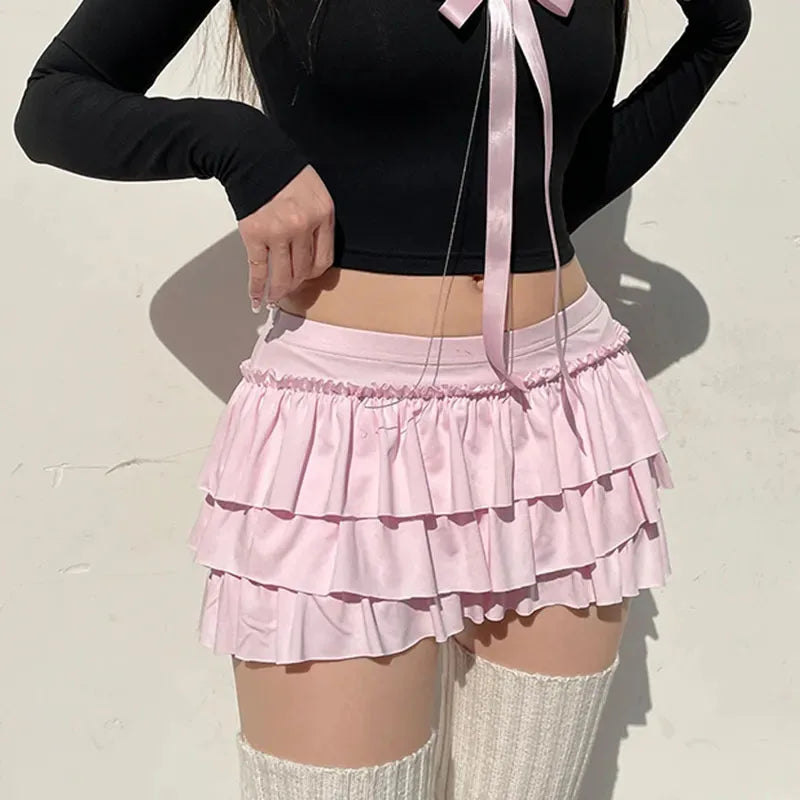 Bow Sweet A-Line Skirts Women Sexy Slim Low-Waist Casual Mini Skirts Y2K Female Summer Fashion Streetwear All-Match Pink Skirts