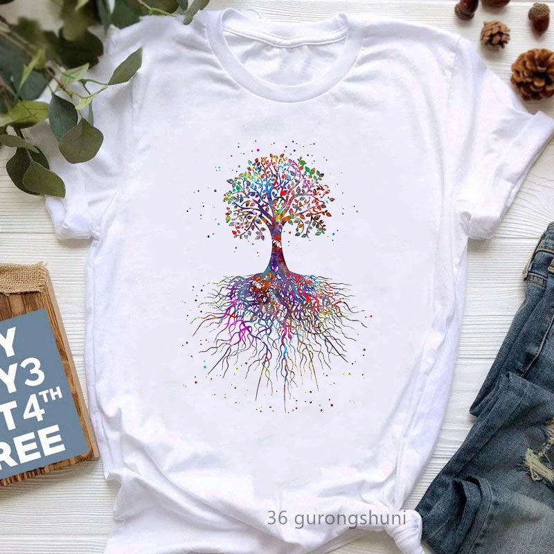 Newest Yoga Tree Print Tshirt Girls Summer Fashion Short Sleeve T Shirt Women Buddha Chakra Meditation T-Shirt Female Wholesale