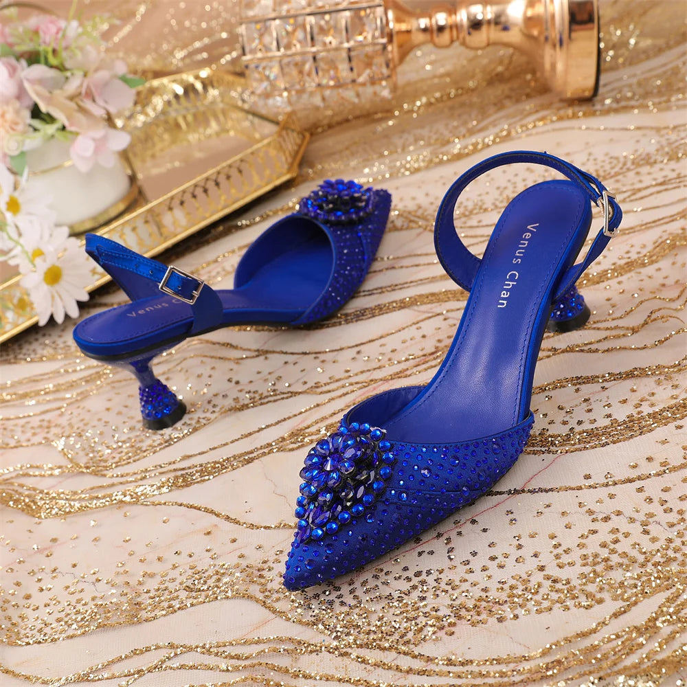 Luxury Elegant High Heels Royal Blue Color Diamond Embellished Pointed Toe Women's Shoes for Wedding Party Casual 2025 Style