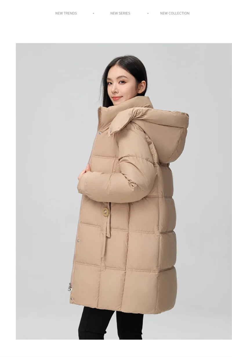 2024 New Winter Women Jacket Mid Long Hooded Parka Cotton Padded Jacket Female Parkas Loose Casual Warm Outwear Snow Wear Coats