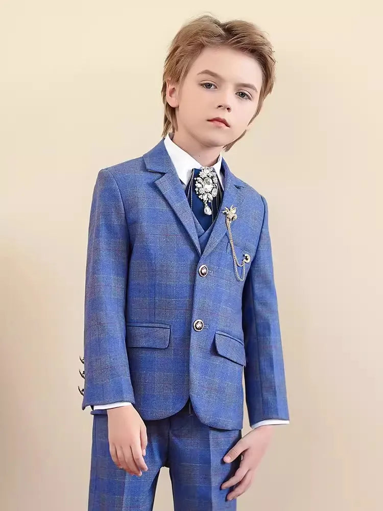 Children Red Jacket Vest Pants 3PCS Photograph Suit Boys Wedding Dress Prince Kids Tuxedo Set Teenager Birthday Party Costume