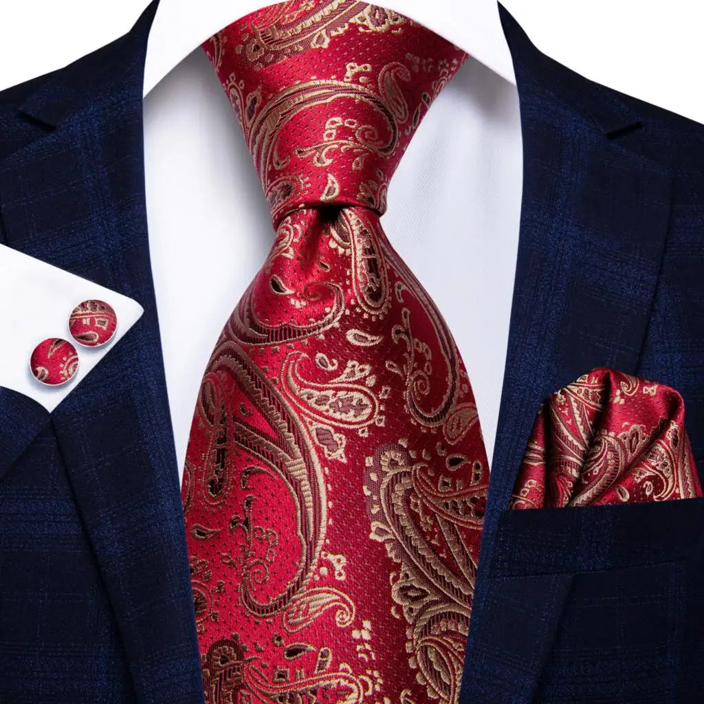 Hi-Tie Designer Red Burgundy Plaid Silk Wedding Tie For Men Handky Cufflink Gift Mens Necktie Fashion Business Party Dropshiping