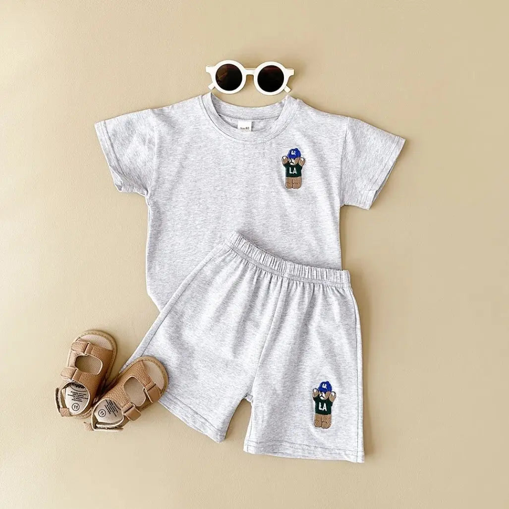 INS Summer Baby Boys Clothes Baby Girls Suit Bear Embroidery Thin Sports T-shirt Baby Cotton Infant Outfit Set Children Clothing