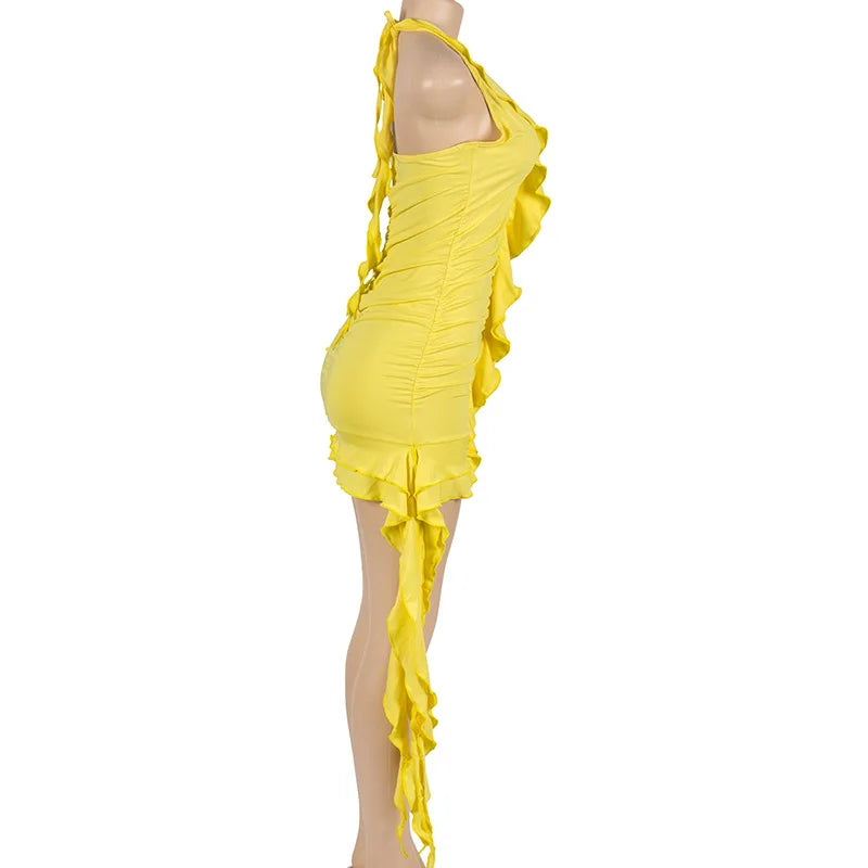 HLJ Sexy Ruffle Y2K Mini Dress For Women Halter Neck Backless Fringed Ruched Cocktail Summer Party Tassels Short Dresses