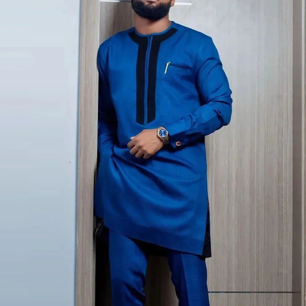 Kaunda Men's Suits Kaftan Outfits Round Neck Striped Print Long-sleeved African Ethnic Style Men's Sets Traditional Clothing