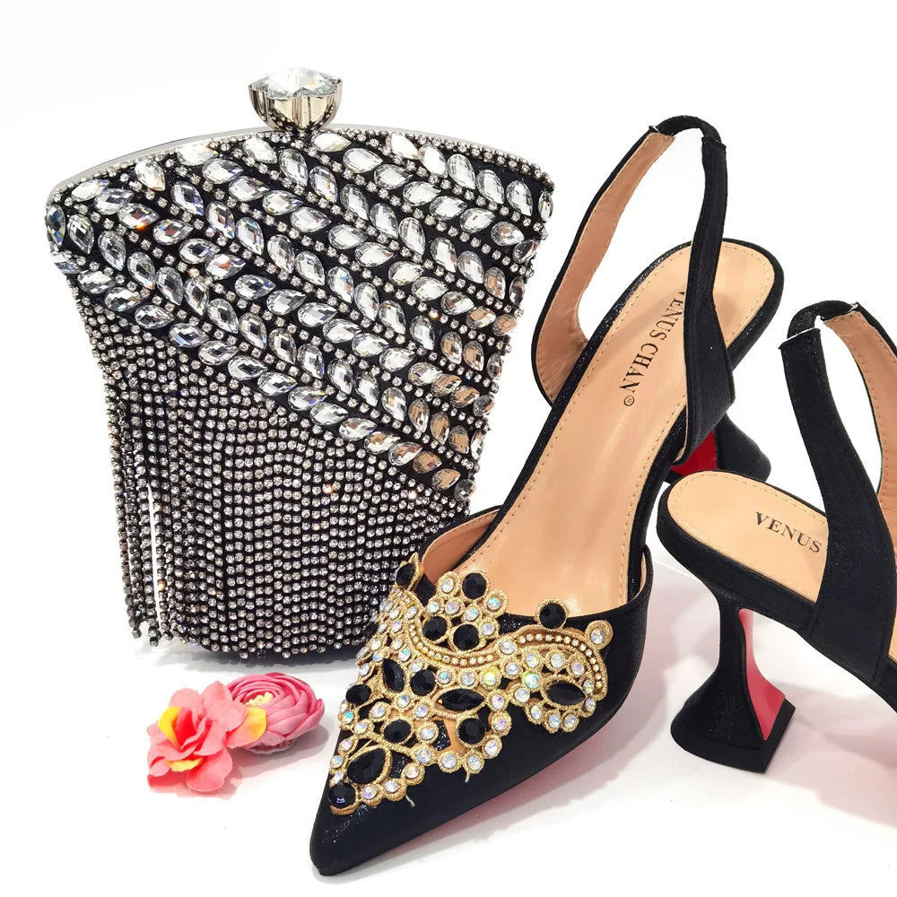 2024 Gold New Shoes For Women Designer Pointed-Toe Luxury Wedding Peach Color Hollowed Out Design Bag and Shoes Matching Set