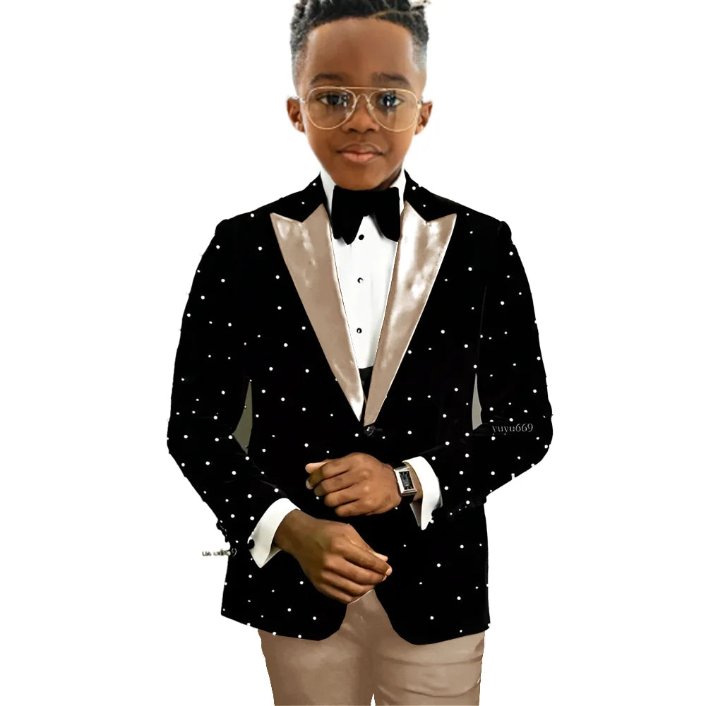 Luxury Beads Boy Wedding Tuxedos Kids Wear Party Prom Slim Fit One Button Suits Custom 2-piece Set