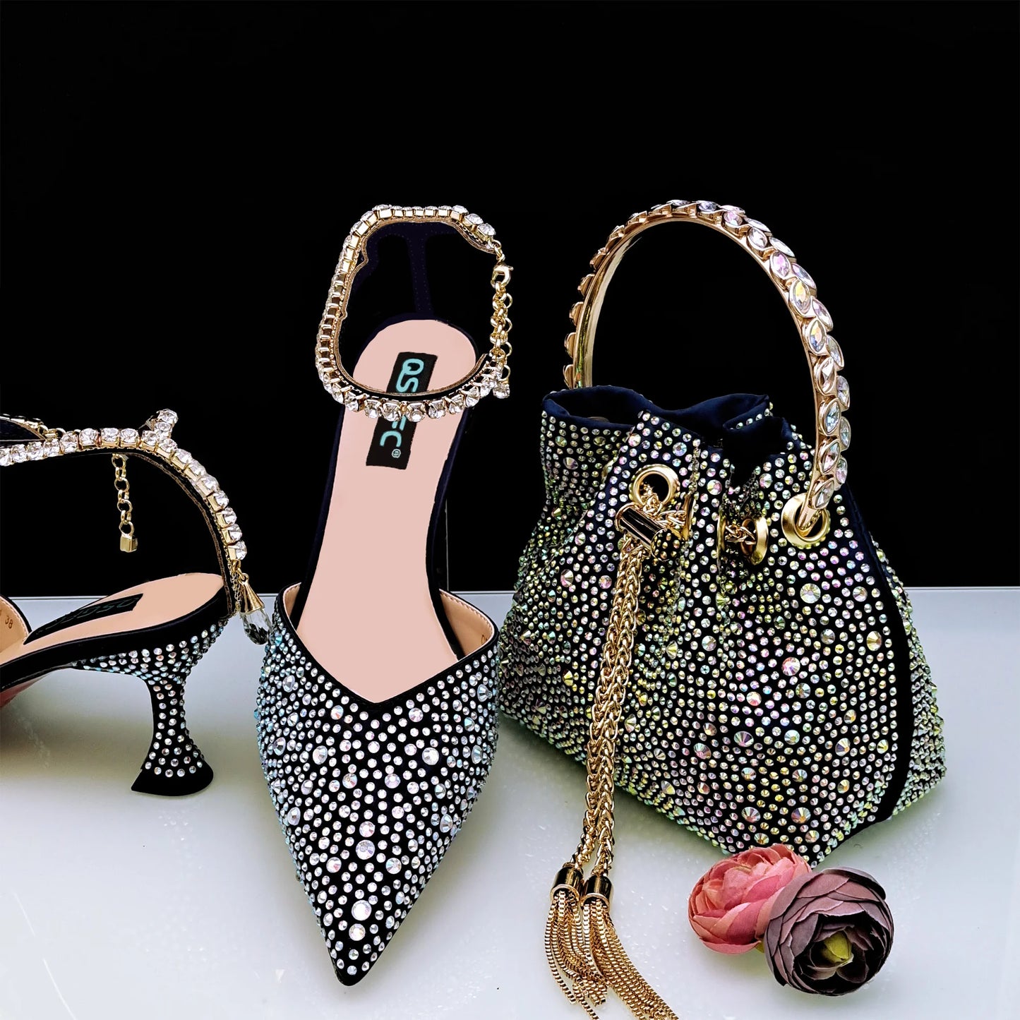 QSGFC New Gold Glitter Fabric Pointed Toe High Heels With A Variety Of Shapes Of Rhinestones Fashion Party Ladies Shoes And Bag
