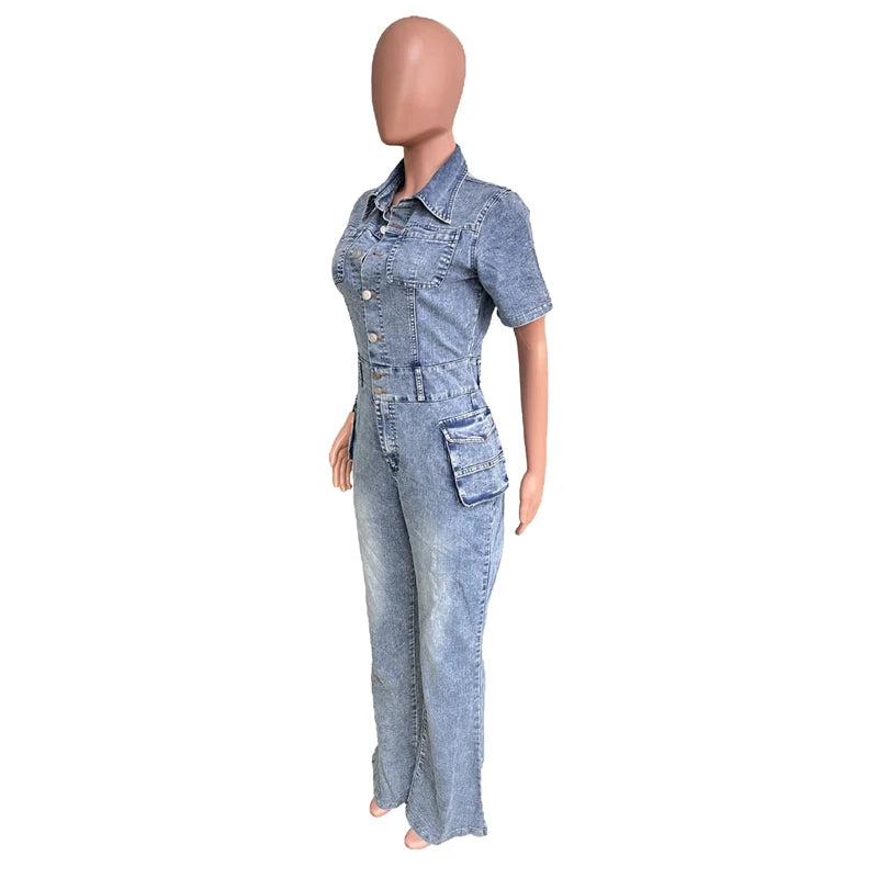 Casual Slim Short Sleeve Stretch Stir Fried Floral Washed Denim Jumpsuit Jeans Playsuit Cotton Flared Pants Jump Suit Overalls